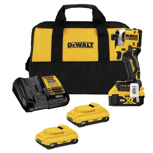 DeWALT Spring Savings! Save up to $100 off DeWALT power tools | Dewalt DCF850P1DCB240-2 20V MAX ATOMIC Brushless Lithium-Ion 1/4 in. Cordless 3-Speed Impact Driver Kit (5 Ah) and (2) 20V MAX 4 Ah Compact Lithium-Ion Batteries Bundle image number 0